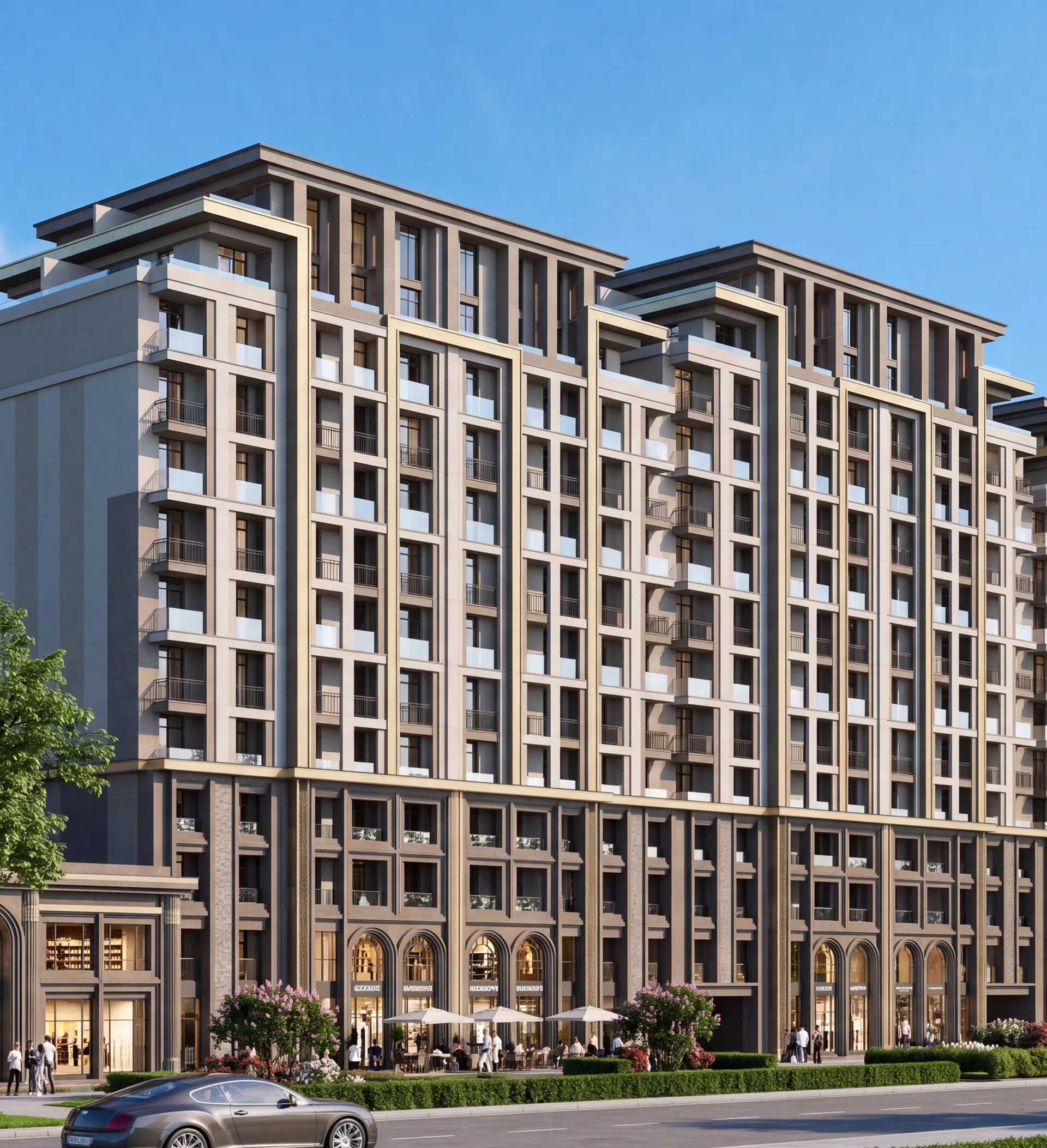 PARI Residence — угловой корпус: камень, латунь, ритм окон. Визуализация проекта