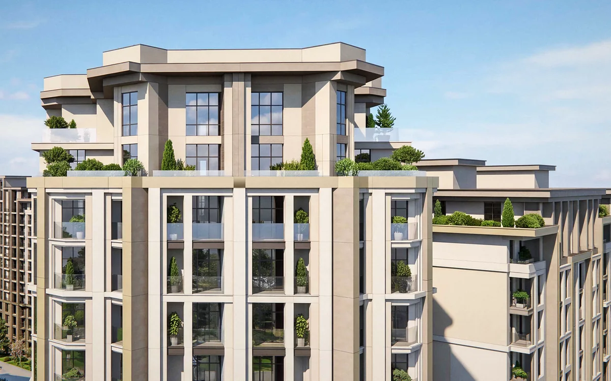 Террасы на верхних этажах PARI Residence: уступы 12–14 этажей и корона башни, как в проекте. Визуализация застройщика
