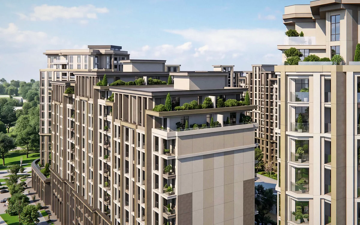 Террасы на верхних этажах PARI Residence: уступы 12–14 этажей и корона башни, как в проекте. Визуализация застройщика